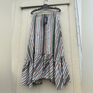 Autumn Multi Stripe Ruffled Midi Linen Skirt with Ruffled High-Low Hem